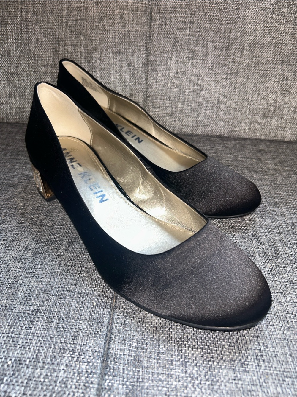 Anne Klein HADEYN -  Black Satin Pumps with Gold / Acrylic Accent Heel